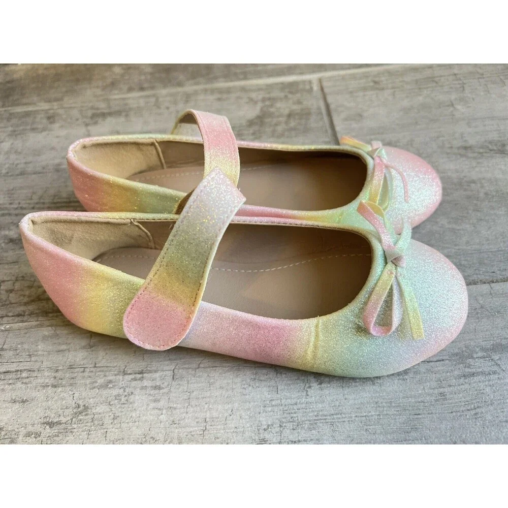 Girls Rainbow Glitter Shimmer Ombre Mary Jane Shoes Bows Flats Ballet EUR 30 12